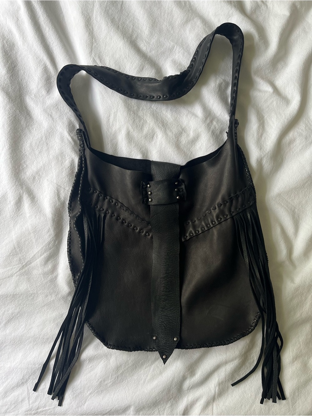 Black leather bag with fringe artisan made